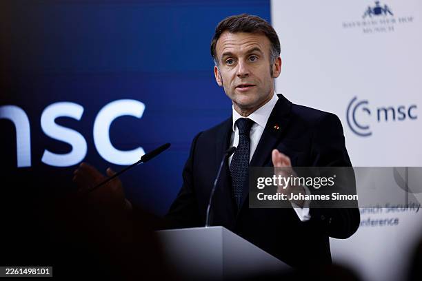 French president Emmanuel Macron delivers a key note speech at the 62nd Munich Security Conference on February 13, 2026 in Munich, Germany. The...