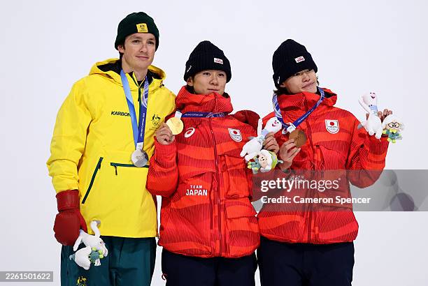Gold medalist Yuto Totsuka of Team Japan, Silver medalist Scotty James of Team Australia and Bronze medalist Ryusei Yamada of Team Japan pose for a...