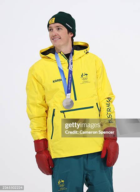 Silver medalist Scotty James of Team Australia looks on during the medal ceremony for the Men's Snowboard Halfpipe on day seven of the Milano Cortina...