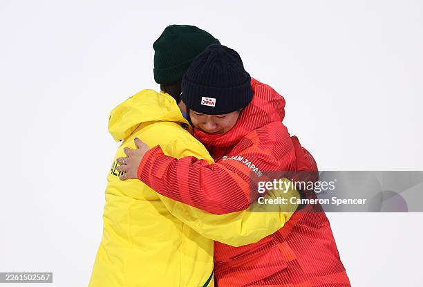 Silver medalist Scotty James of Team Australia congratulates Gold medalist Yuto Totsuka of Team Japan during the medal ceremony for the Men's...