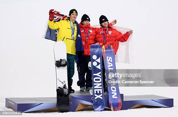 Gold medalist Yuto Totsuka of Team Japan, Silver medalist Scotty James of Team Australia and Bronze medalist Ryusei Yamada of Team Japan pose for a...