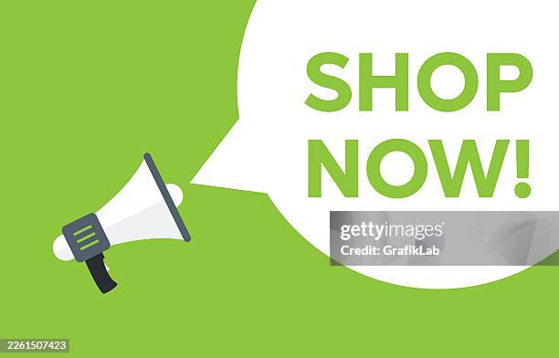 megaphone announcing shop now - now open stock illustrations