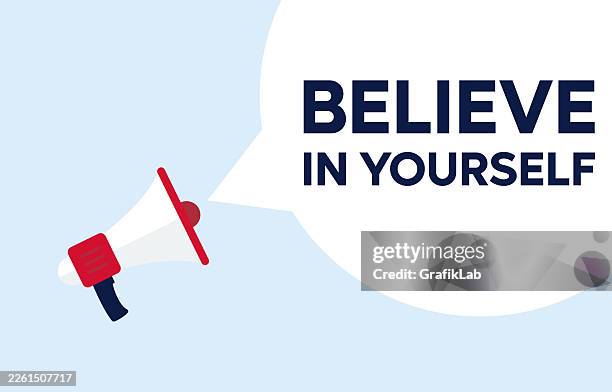 megaphone icon announcing believe in yourself message inside a speech bubble - positive mindset stock illustrations