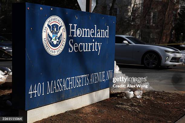 The sign of Department of Homeland Security is seen outside its headquarters on February 13, 2026 in Washington, DC. Much of the Department of...