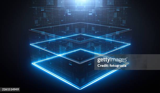 futuristic neon data layer stack in digital space - computer glow stock pictures, royalty-free photos & images