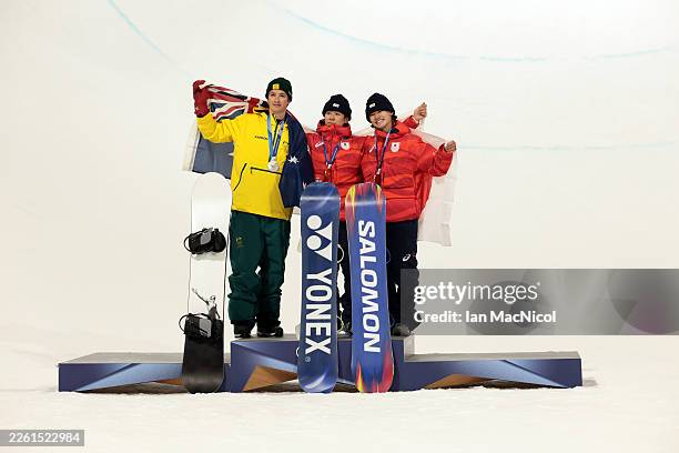 Gold medalist Yuto Totsuka of Team Japan, Silver medalist Scotty James of Team Australia and Bronze medalist Ryusei Yamada of Team Japan pose during...