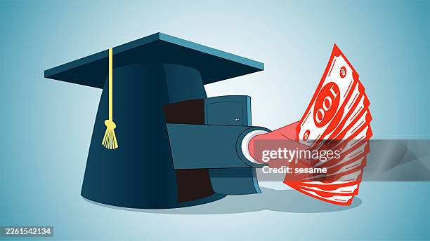 ilustraciones, imágenes clip art, dibujos animados e iconos de stock de el coste del aprendizaje y formación educativa, préstamos estudiantiles o préstamos universitarios. manos asomando de enormes gorros de graduación pidiendo dinero - pago de matrícula