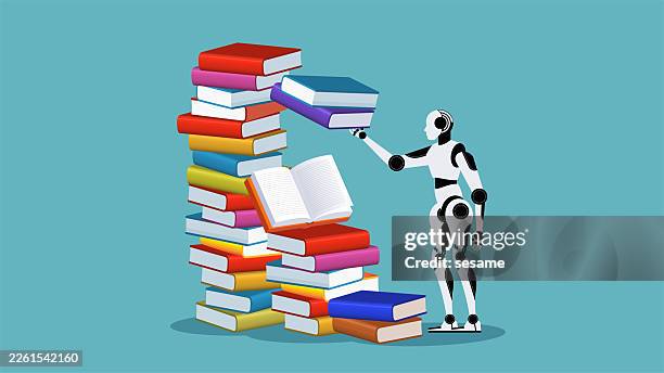 learn more about artificial intelligence with books, artificial intelligence technology education learning and training. a robot standing with books - data analyst stock illustrations
