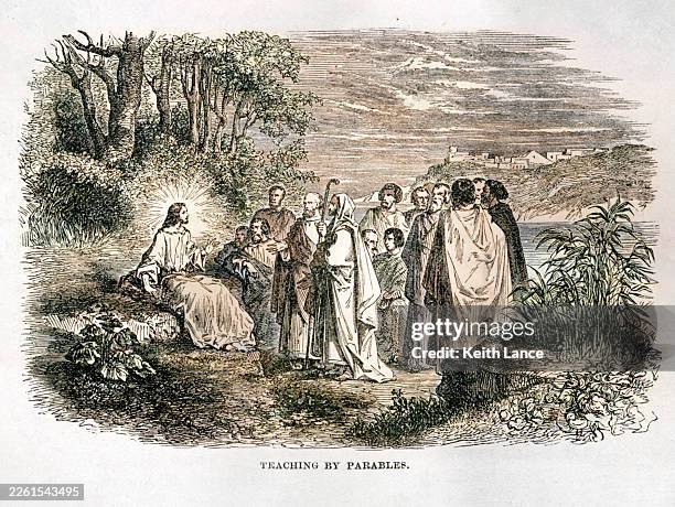 jesus christ teaching by parables - bible stories stock illustrations