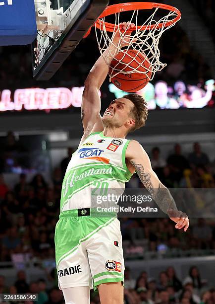 Nathan Sobey of SE Phoenix dunks during the round 21 NBL match between South East Melbourne Phoenix and Tasmania Jackjumpers at John Cain Arena, on...