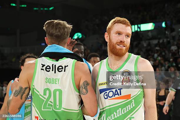 Angus Glover of SE Phoenix celebrates during the round 21 NBL match between South East Melbourne Phoenix and Tasmania Jackjumpers at John Cain Arena,...