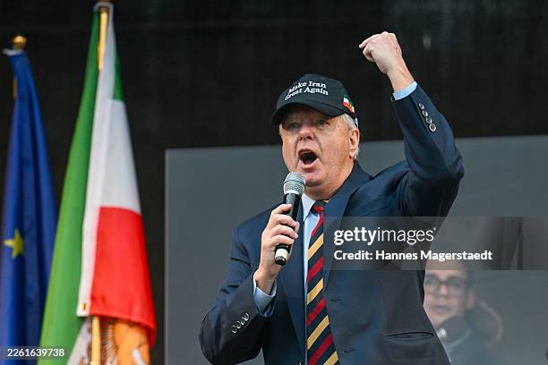 Sen Lindsey Graham, Member of the US Senate, speaks to the people during the demonstration for human rights in Iran at Theresienwiese during the 62nd...