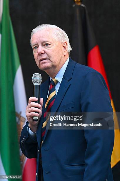 Sen Lindsey Graham, Member of the US Senate, speaks to the people during the demonstration for human rights in Iran at Theresienwiese during the 62nd...