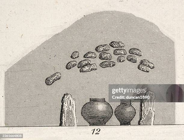 ancient history, postion of funerary urns, pottery in prehistoric burial mound, germany, 19th century vintage illustration - cremation stock illustrations