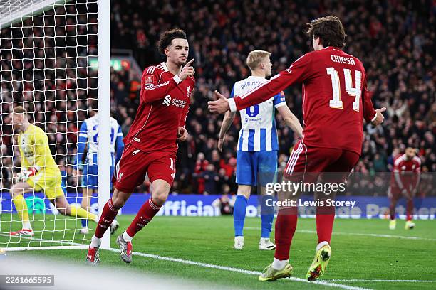 Curtis Jones of Liverpool celebrates scoring his team's first goal with teammate Federico Chiesa during the Emirates FA Cup Fourth Round match...