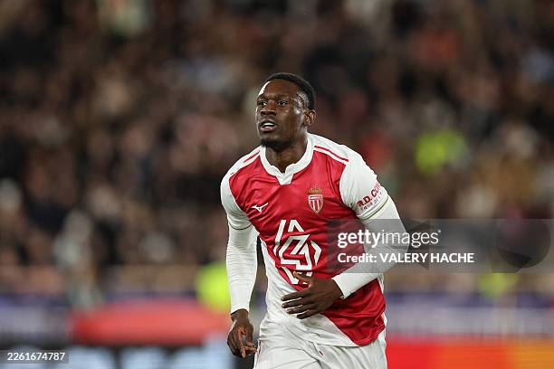 Monaco's US forward Folarin Balogun celebrates scoring his team's second goal during the UEFA Champions League knockout round play-off first leg...