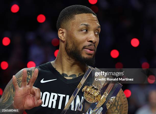 Damian Lillard of the Portland Trail Blazers reacts after winning the State Farm 3-Point Contest during 2026 NBA All-Star Weekend at Intuit Dome on...