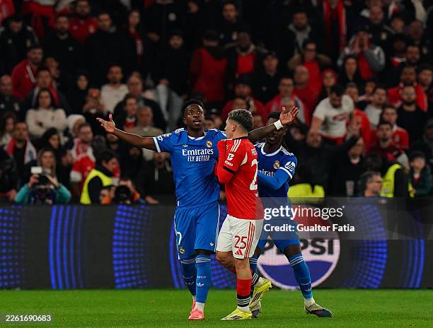 Gianluca Prestianni of SL Benfica confronts Vinicius Junior of Real Madrid C.F. After Vinicius goal celebration during the UEFA Champions League...