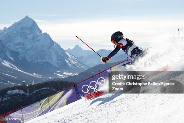 Mikaela Shiffrin of Team United States competes during the Women's Slalom Run on day twelve of the Milano Cortina 2026 Winter Olympics at Tofane...