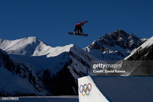 Evy Poppe of Team Belgium competes in her second run during the Women's Snowboard Slopestyle Qualification on day nine of the Milano Cortina 2026...