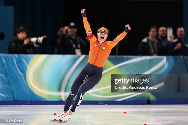 Femke Kok of Team Netherlands celebrates after breaking the Olympic record for the Speed Skating Women's 500m on day nine of the Milano Cortina 2026...