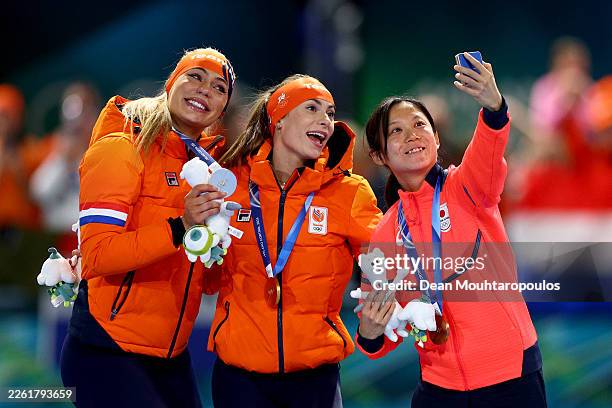 Gold medalist Femke Kok of Team Netherlands, Silver medalist Jutta Leerdam of Team Netherlands and Bronze medalist Miho Takagi of Team Japan...