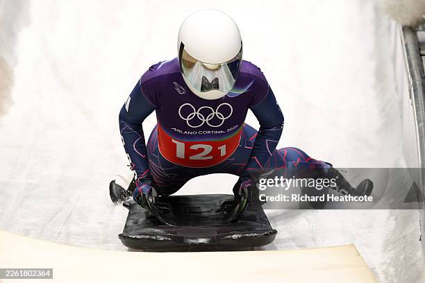 Freya Tarbit of Team Great Britain reacts after competing in the Skeleton Mixed Team on day nine of the Milano Cortina 2026 Winter Olympic games at...