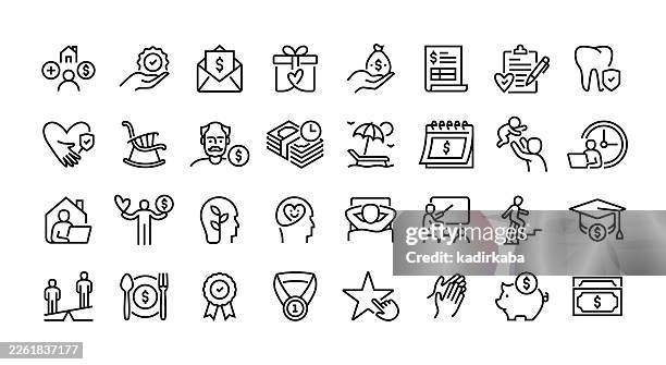 employee benefits line icon set. group of object. - equal pay stock illustrations