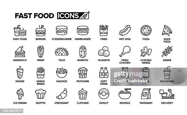 fast food line icon set. group of object. - fried chicken stock illustrations