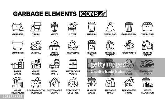 Garbage Elements Line Icon Set. Group Of Object. Garbage Elements Line Icon Set. Group Of Object.