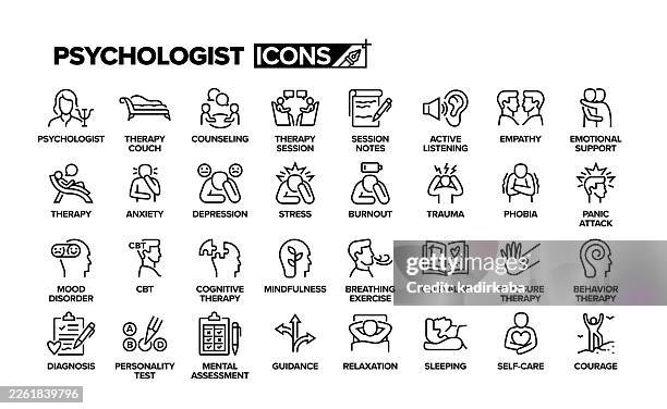 ilustrações de stock, clip art, desenhos animados e ícones de psychologist line icon set. group of object. therapy, psychotherapy. - fobia