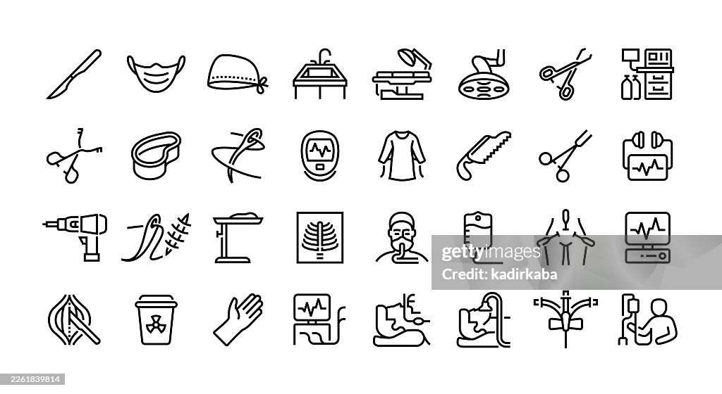 Surgeon Line Icon Set. Group Of Object. Hospital, Doctor, General Surgery, Operation.