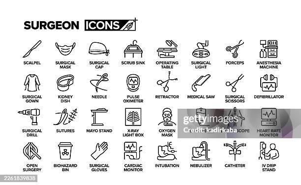 ilustraciones, imágenes clip art, dibujos animados e iconos de stock de set de iconos de la línea de cirujanos. grupo de objetos. hospital, médico, cirugía general, operación. - equipo quirúrgico