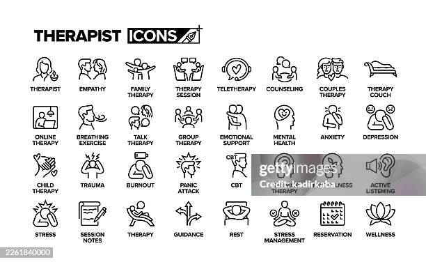 therapist line icon set. group of object. empathy, mental health, anxiety, stress. - mental health professional stock illustrations