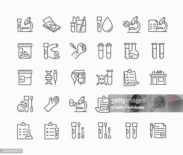 thin laboratory services line icon set · 30 icons - measuring cylinder stock illustrations