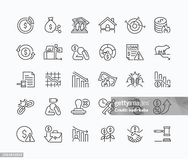 thin business failure line icon set · 30 icons - foreclosure stock illustrations
