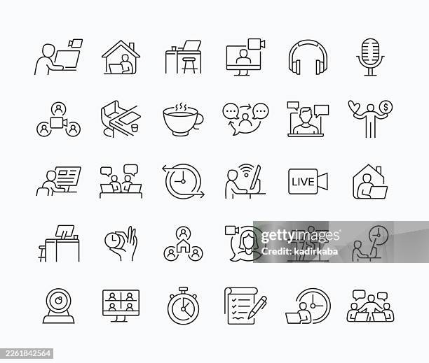 thin remote work line icon set · 30 icons - virtual office stock illustrations