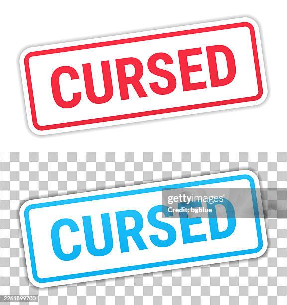 cursed - red and blue labels on blank background - casting spell stock illustrations