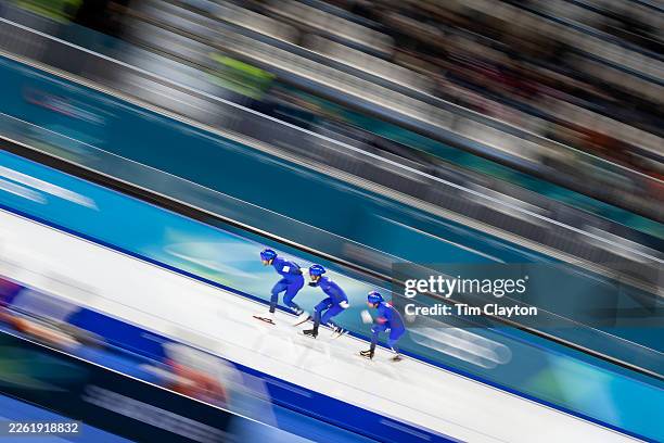 February 15: The Italian team of Davide Ghiotto, Andrea Giovannini and Michele Malfatti in action during the Speed Skating Men's Team Pursuit Quarter...