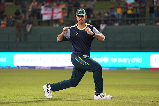 Mitchell Marsh of Australia warms up prior to the ICC Men's T20 World Cup India & Sri Lanka 2026 match between Australia and Sri Lanka at Pallekele...