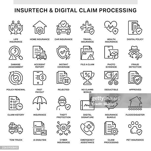 insurtech and insurance claim processing editable line icons set - insurance technology stock illustrations