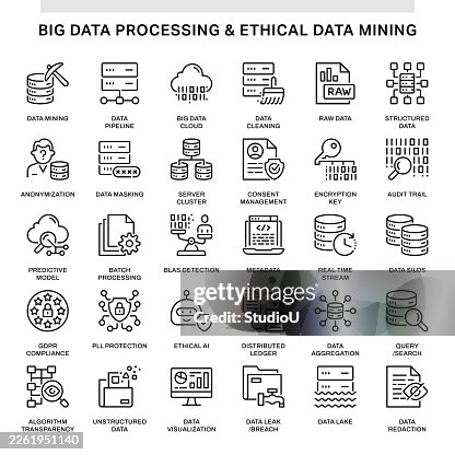 Big Data Processing and Ethical Data Mining Editable Line Icons Set Big Data Processing and Ethical Data Mining Editable Line Icons Set