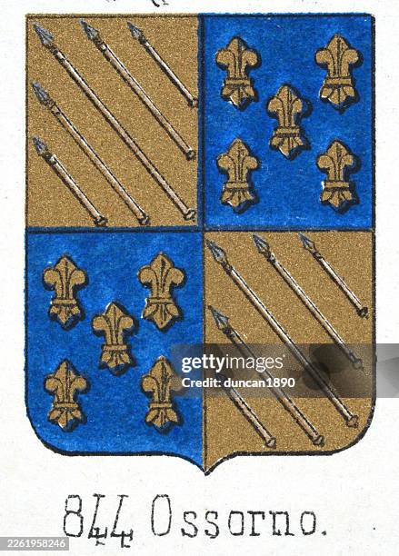 medieval heraldry, coat of arms, shield with, quartered, spears, lances, gold, fleur de lis, blue, spanish, vintage illustration - fleur de lys stock illustrations