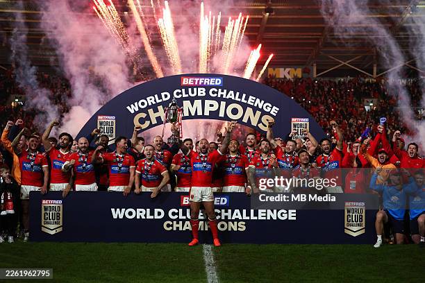 Hull Kingston Rovers lift the World Club Challenge Trophy after winning the World Club Challenge match between Hull KR and Brisbane Broncos at MKM...