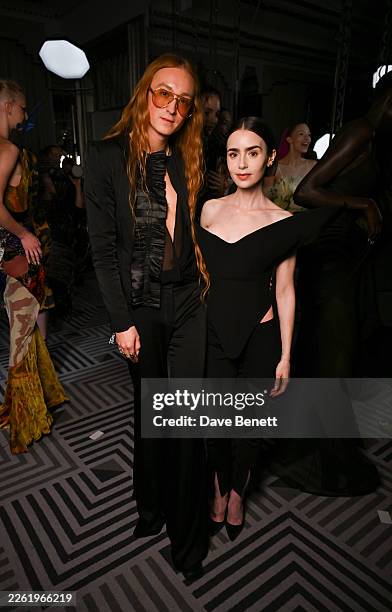 Harris Reed and Lily Collins attend the Harris Reed Autumn / Winter 2026 show during London Fashion Week at Claridge's Hotel on February 19, 2026 in...