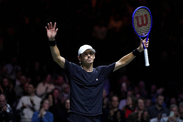 Alex de Minaur of Australia reacts after defeating Felix Auger-Aliassime of Canada in the ABN AMRO Open Mens Singles Final at Rotterdam Ahoy on...