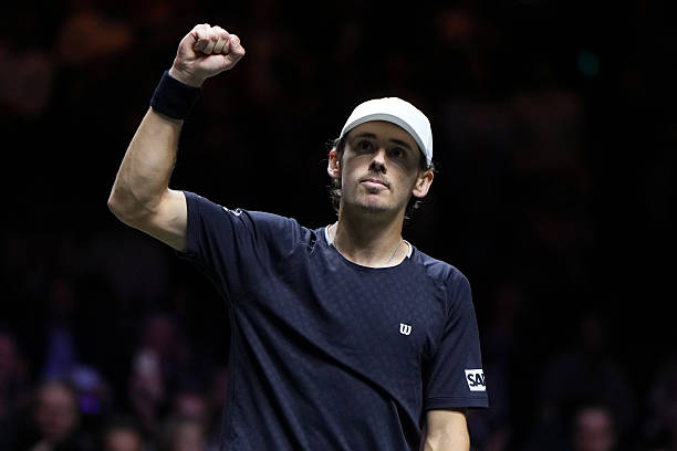 Alex de Minaur of Australia reacts after defeating Felix Auger-Aliassime of Canada in the ABN AMRO Open Mens Singles Final at Rotterdam Ahoy on...