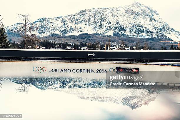 Jay Dearborn and Mike Evelyn of Team Canada compete in the Men's Two-Man Bobsleigh Heat 1 on day ten of the Milano Cortina 2026 Winter Olympic games...
