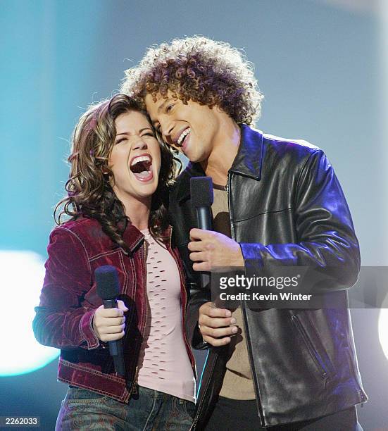 Kelly Clarkson and Justin Guarini at FOX-TV's "American Idol" finale at the Kodak Theatre in Hollywood, Ca. Wednesday, Sept. 4, 2002. Photo by Kevin...