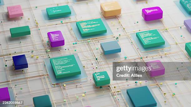 abstract circuit network with colorful chips and connected data blocks in 3d render - digital composite stock pictures, royalty-free photos & images